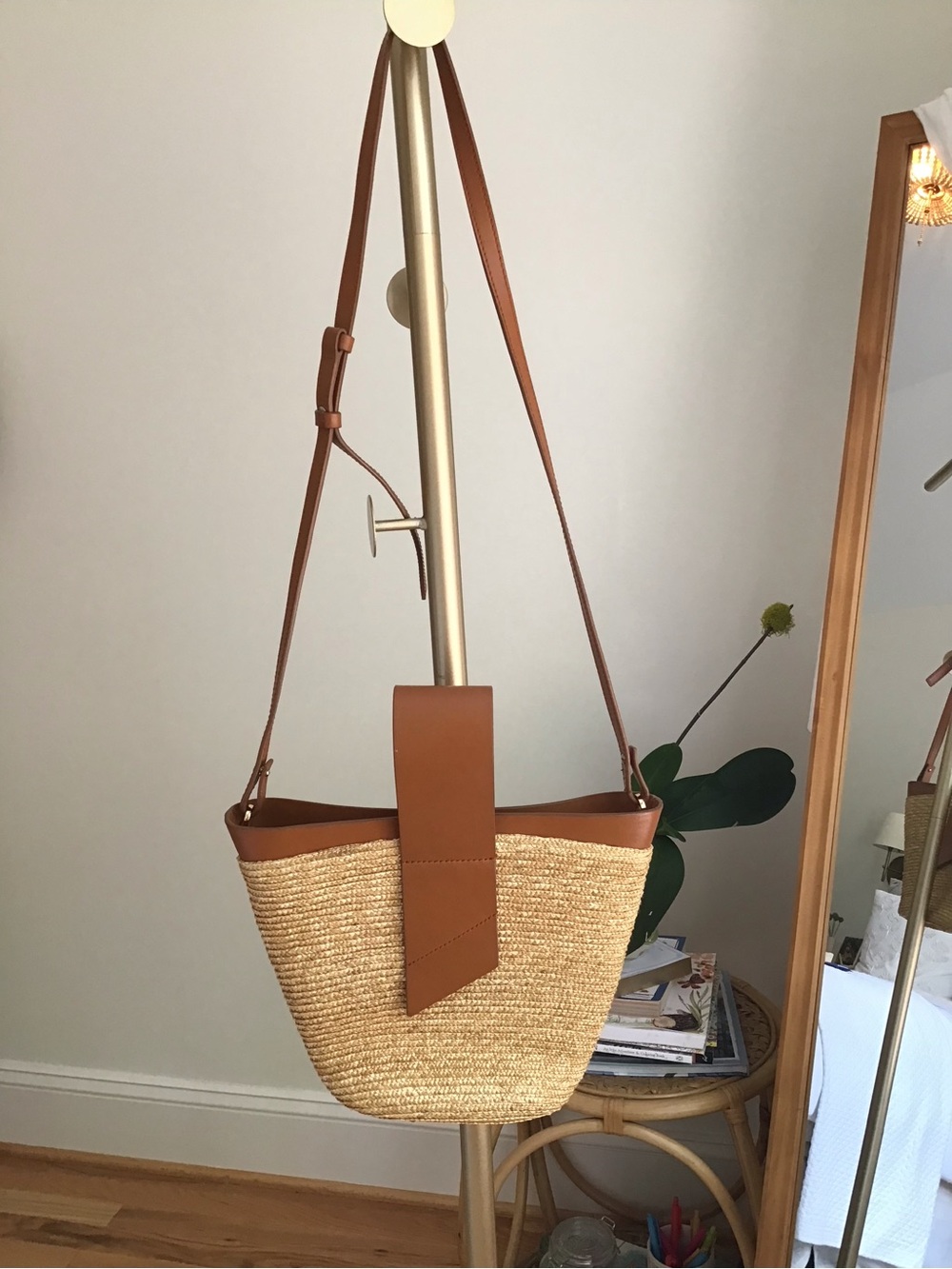 Leather-Trim Straw Bucket Crossbody Bag in Tan - Picture 3 of 11